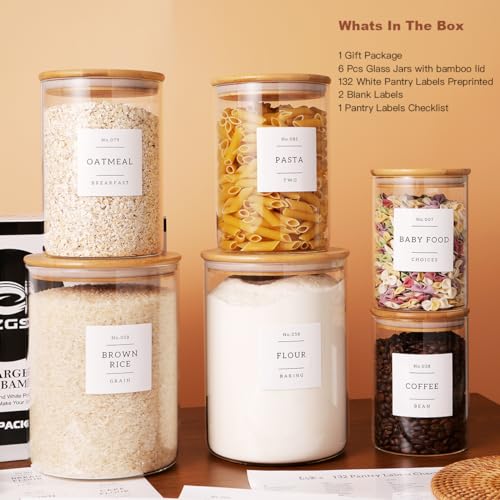 Set of 6 Glass Flour and Sugar jars with 132 Kitchen Pantry Labels
