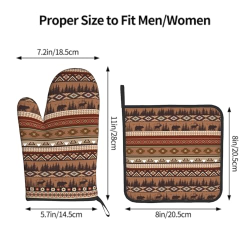 Rustic Bear Deer Oven Mitts and Pot Holder Sets Boho Ethnic Hot Pads Non (Rustic Bear Deer)