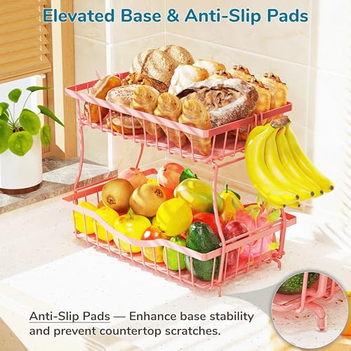 Large 2 Tier Fruit Basket for Kitchen Counter with 2 Banana Hangers (Pink)