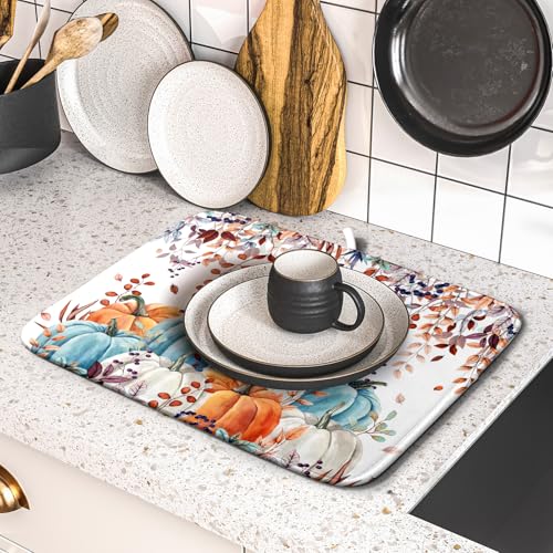 Fall Orange Pumpkin Dish Drying Mat Eucalyptus Leaves Drainer Rack Pad 16"x18" Microfiber Quick Dry Dish Sink Mat for Kitchen Counter Decor (Orange Pumpkin / 16x18 inch)