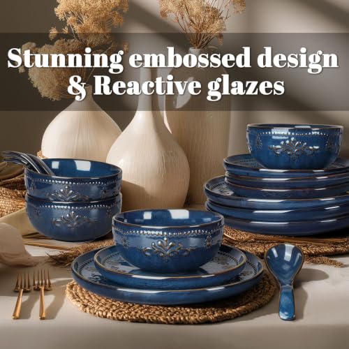 16 Piece Handcrafted Ceramic Dinnerware Set (Damask Floral (16 Pieces) (Blue))