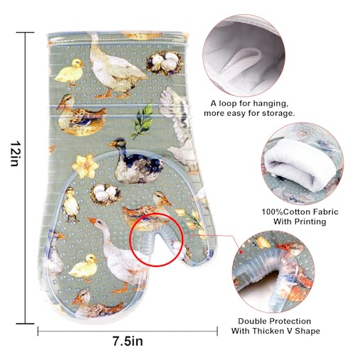 Oven Mitts with Transparent Clear Silicone Shell and Nice Duck Printing (Oven mitts / Wathet Blue)