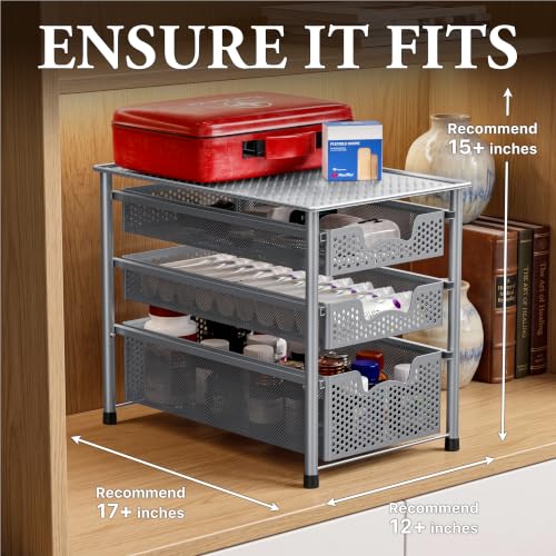 Stackable 3 Tier Sliding Basket Organizer Drawer (3-Tier / Silver)