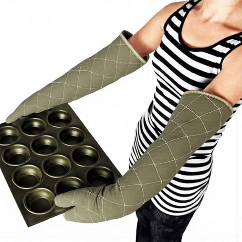 Extra Long 24 Inch Heat Resistant Oven Gloves New Cotton Oven Mitts Kitchen Gloves High Temperature Cooking Tool BBQ Gloves (Green / 24 Inch)