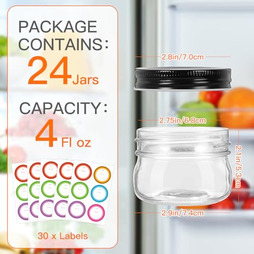 4oz 24 Pack Mini Mason Jars with Black Lids (Black Lids-4oz)