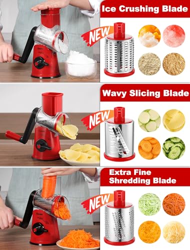 Rotary Cheese Grater Vegetable Shredder With 6 Interchangeable Blades No Slip Suction Base (Red Black / 6 Blades)