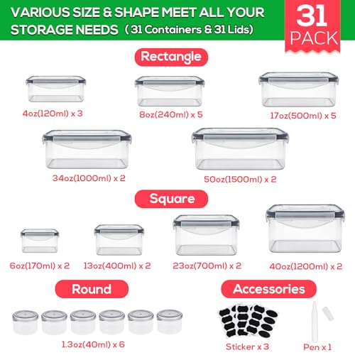 62PCS Thick Food Storage Containers with Airtight Lids for Meal Prep (476oz-31 Pack)