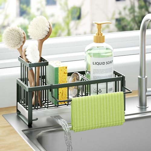 Sponge Holder for Kitchen Sink (Green / with Dishcloth Holder)