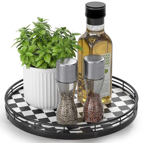 10 Inch Black and White Checkerboard Lazy Susan with Oak Base (Black & White / 10 inches)