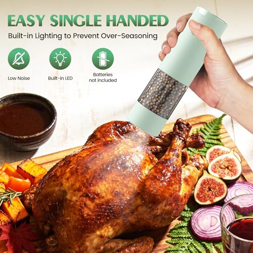 Electric Salt and Pepper Grinder Set Automatic Battery Pepper Mill Shakers Adjustable Coarseness Upgraded Larger Capacity with Led Home and Kitchen Appliances Birthday Gifts for Women Mom (Mint Green)