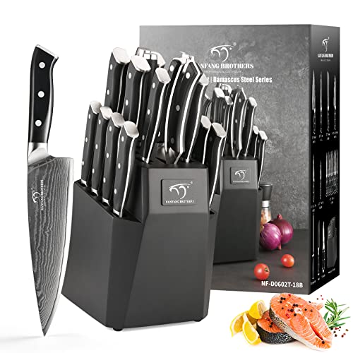 18PCS Damascus Knife Set with Steak Knives & Block (Black/Black / 18 Pieces)