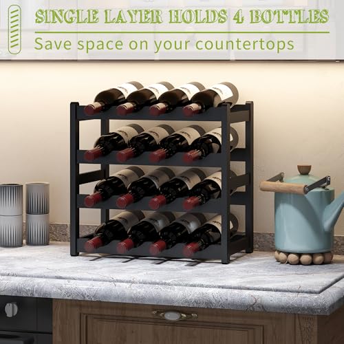 Bamboo Wine Rack Wine Storage Cabinet Shelf 16 Bottle Wine Racks Countertop Sturdy for Kitchen Dining Room Pantry (Black / 4 Tier)