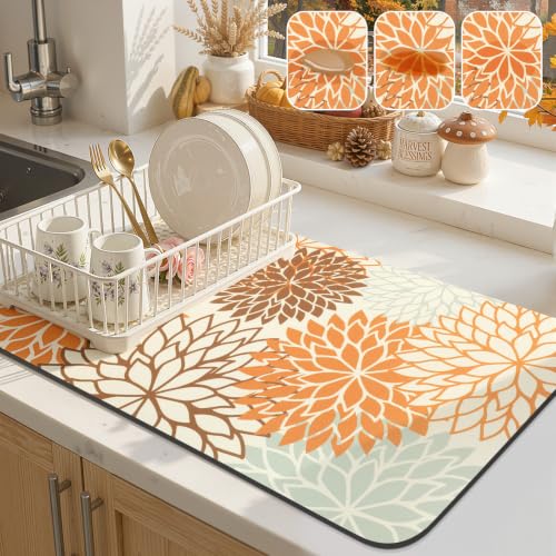 Fall Dish Drying Mat 12" x 20" Absorbent Floral Coffee Mat Orange (Orange / 12" x 20")
