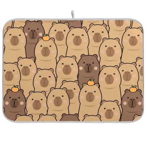 Cute Capybara Orange Dish Drying Mat for Kitchen Counter Absorbent Microfiber Drying Pad (18" x 24")