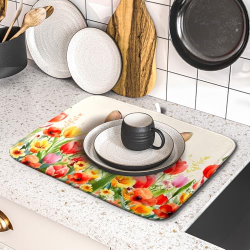 Easter Bunny Dish Drying Mat 16x18 inch Spring Floral Drying Pad Holiday Absorbent Microfiber Dishes Drainer Protector for Kitchen Counter (Bunny Floral / 16" x 18")