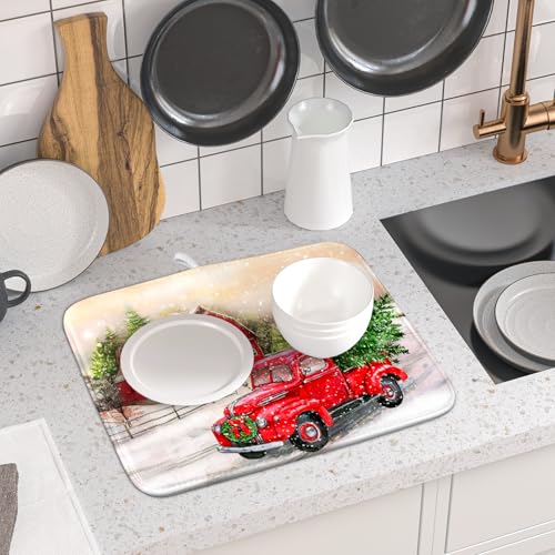 Red Truck Dish Drying Mat Xmas Tree Dish Drainer Rack Mat Winter Microfiber Absorbent Drying Pad for Home Kitchen Counter Decor 16x18 Inch (Xmas Red Truck / 16" x 18")