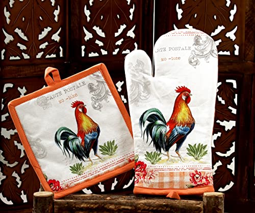 Oven Mitts and Pot Holders Sets Heat Resistant (7x13 inches & 8x8 inches / Farm Rooster)