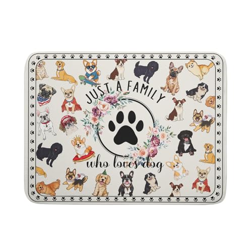 Dog Family Dish Drying Mat Cartoon Pet 18 X 24 in Absorbent Printed Drying Pad for Dog Lover (Dog Family White / 24" x 18")