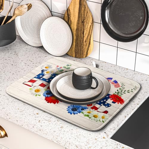 American Flag Dish Drying Mat Home Flowers Absorbent Dishes Pad for Kitchen Counter 16 X 18 In (Patriotic Home 605 / 18" x 16")