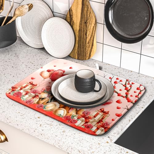 Valentines Day Dish Drying Mat Bear Lover Absorbent Kitchen Drying Mats for Countertops 18 X 16 (Red Bear Lover / 18" x 16")