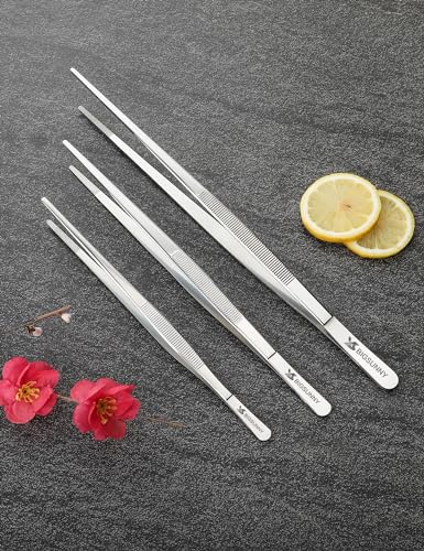 Set of 3 Kitchen Tweezers Fine Tweezer Tongs (8.5" + 10" + 12" Tweezers - 3 Piece Set)