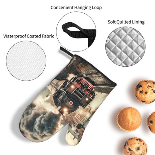 Train Travelling Oven Mitts and Pot Holders Sets of 3 Heat Resistant Oven Gloves Hot Pads Non (Train Travelling)
