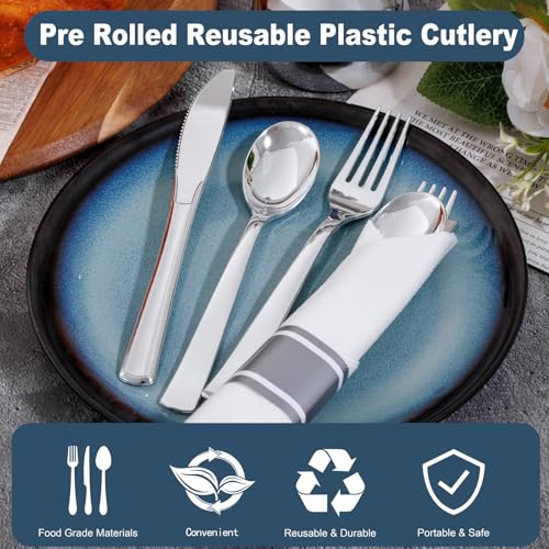 400PCS Pre Rolled Silver Plastic Silverware Sets (Silver - Classic)