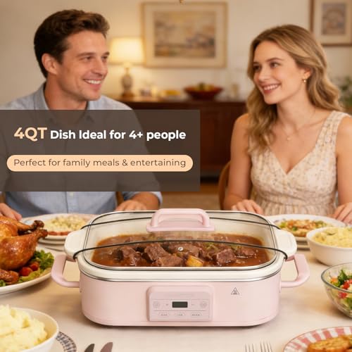 4 Quart Casserole Programmable Slow Cooker with Ceramic Baking Dish (Pink)
