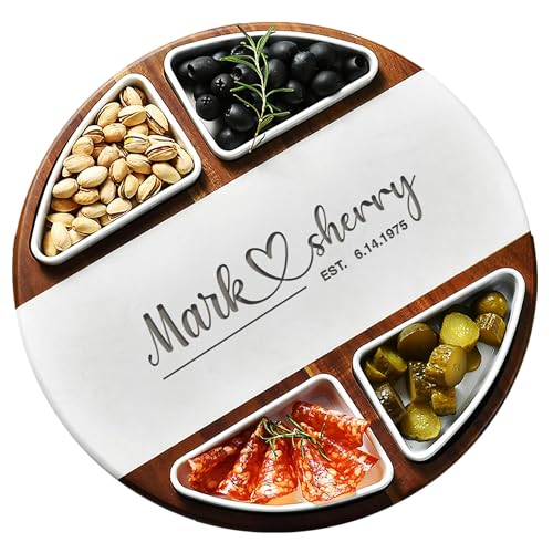 Acacia Wood Lazy Susan Cheese Board Set (Round 13" Marble with Engraving)