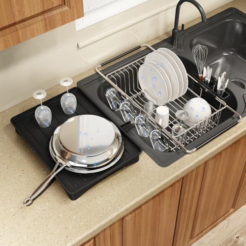 Expandable Dish Drying Rack Over Sink with Extra Drainboard (Silver / For 11.5"-16" W Sink with Cup Holder & Drainboard)