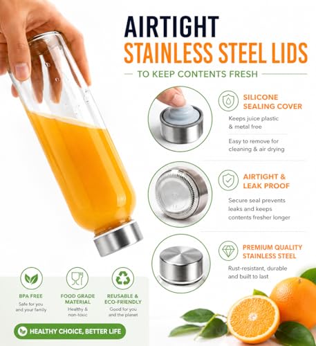18 oz Clear Glass Juice Bottles with Stainless Steel Lids Leak Proof
