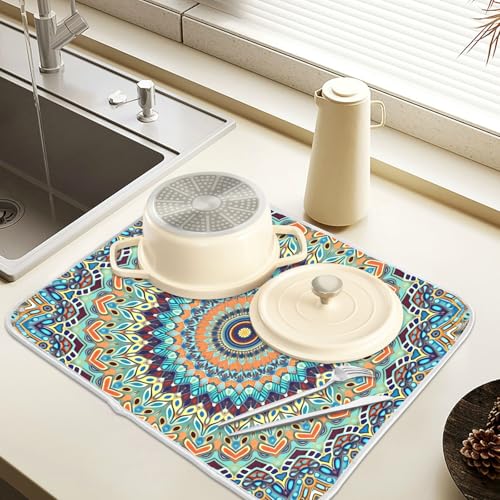 Bohemian Mandala Dish Drying Mat for Kitchen Counter Absorbent Microfiber Large Boho Ethnic Drying Pad Dish Mats for Kitchen Countertops 18 x 24 Inch (24" x 18")