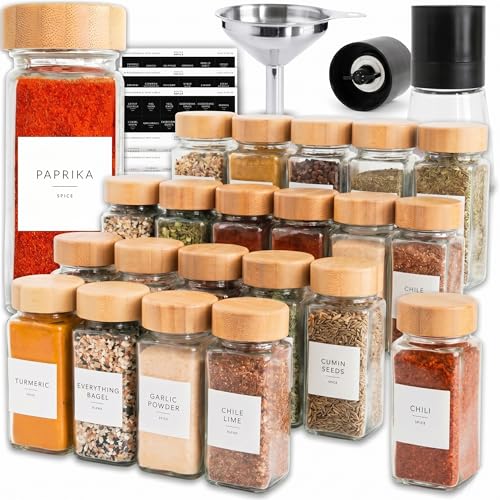 Glass Spice Jars with Label (Square Spice Jars with Bamboo Lids)