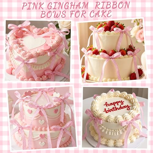 30 Pack Bow Cake Toppers Pink Gingham Ribbon Bows for Cake (Pink Gingham)