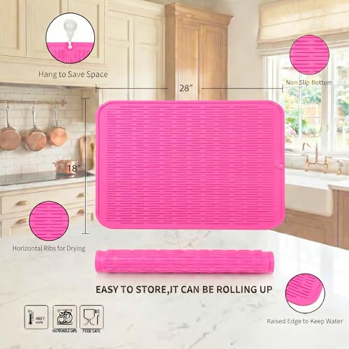 Silicone Dish Drying Mat for Multiple Usage (Rose / 28"L x 18"W)