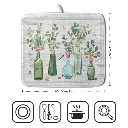 Fern Leaf Vase Dish Drying Mat 16x18 Inch Eucalyptus Leaves Microfiber Absorbent Dish Drainer Mat Reversible Drying Pad for Kitchen Counter Sink (Fern Leaf Vase / 16" x 18")