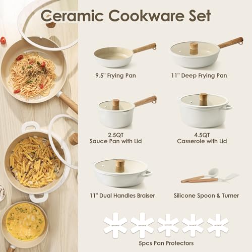 17Pcs Ceramic Nonstick Cookware Set Non (Cream Ceramic / 15 Pieces)
