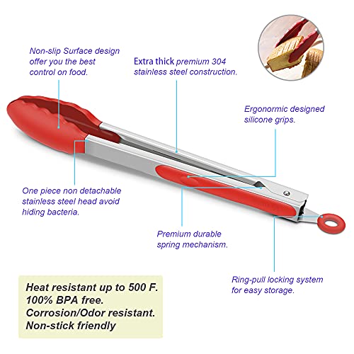 4 Pack Red Silicone Kitchen Tongs Set (Red)