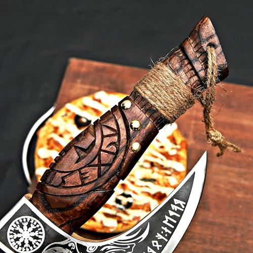 Pizza Cutter Axe Rocker Carbon Steel Slicer Chef Pizza Cutter Viking Axe with Leather Cover (Royal Skull)