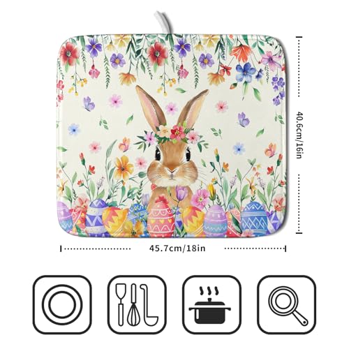 Easter Rabbit Dish Drying Mat Spring Flower Dish Drainer Rack Mats 16x18 inch Absorbent Microfiber Fast Dry Pad Kitchen Counter Accessories (Easter Rabbit Floral / 16" x 18")