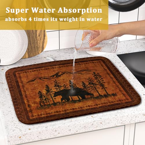 Forest Bear Dish Drying Mat 16x18 Inch Rustic Cabin Washable Microfiber Absorbent Dishes Drainer Rack Pad for Kitchen Counter Home Decor (Retro Forest Bear / 16" x 18")