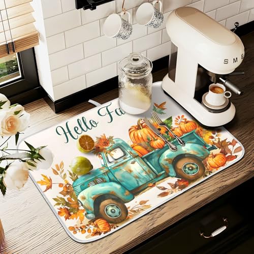 Vintage Fall Truck with Pumpkins Autumn Leaves Dish Drying Mat for Kitchen Counter Absorbent Microfiber Large Drying Pad Dish Mats for Kitchen Countertops 18 x 24 Inch (24" x 18")