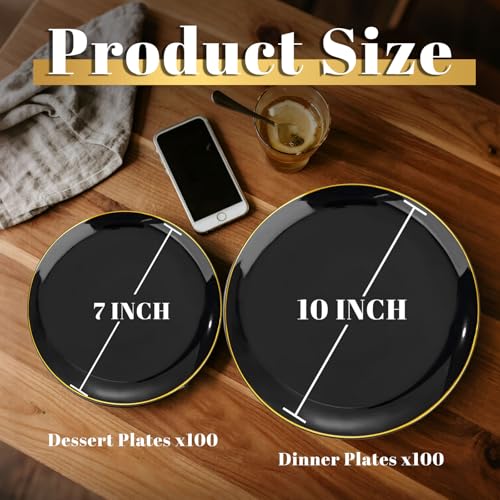 200Pcs Black Plastic Plates (Black and Gold / 200PCS)