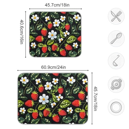 Strawberries White Flowers Dish Drying Mat for Kitchen Counter Absorbent Microfiber Drying Pad (18" x 18")
