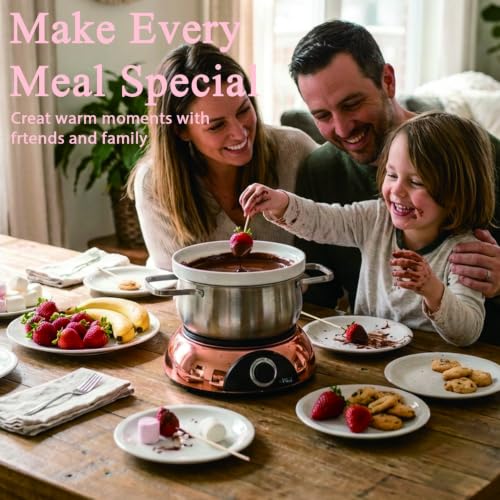 Electric Fondue Pot Set for Cheese (C. Stainless Steel/Ceramic Pots, Rose-gold Base)