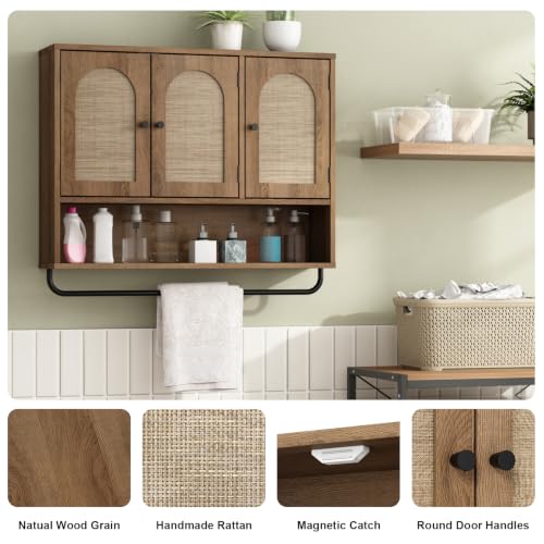 Rattan Bathroom Wall Cabinet (Natural Oak / 3 Doors)