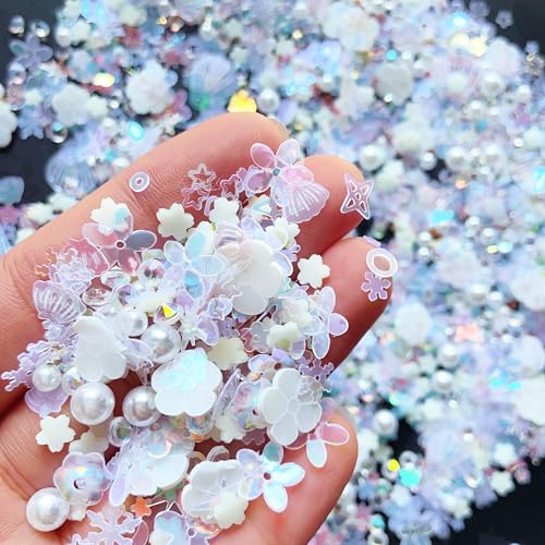Sequins Holographic Polymer Clay Slices Nail Glitter 3D Holographic Snowflake Shell Butterfly Plum Blossom Nail Sequins Slices Polymer Clay Nail Decals for DIY Nail Decoration
