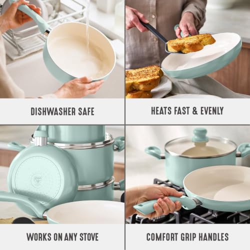 16pc Ceramic Nonstick Pots & Pans Cookware Set (16 Piece Cookware Set / Bloom / Turquoise)