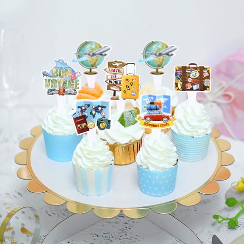 36PCS Double sided Adventure Travel Cupcake Toppers Airplane Globe Map Suitcase Bon Voyage Cupcake Picks for Adventure Travel Baby Shower Boys Girls Birthday Wedding Party Decoration (Travel)