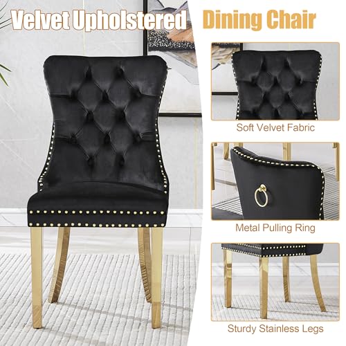 7 Piece Glass Dining Table Set for 6 (Black Table & Gold Black Chair / 7-Piece Set-OC-Shaped Table)